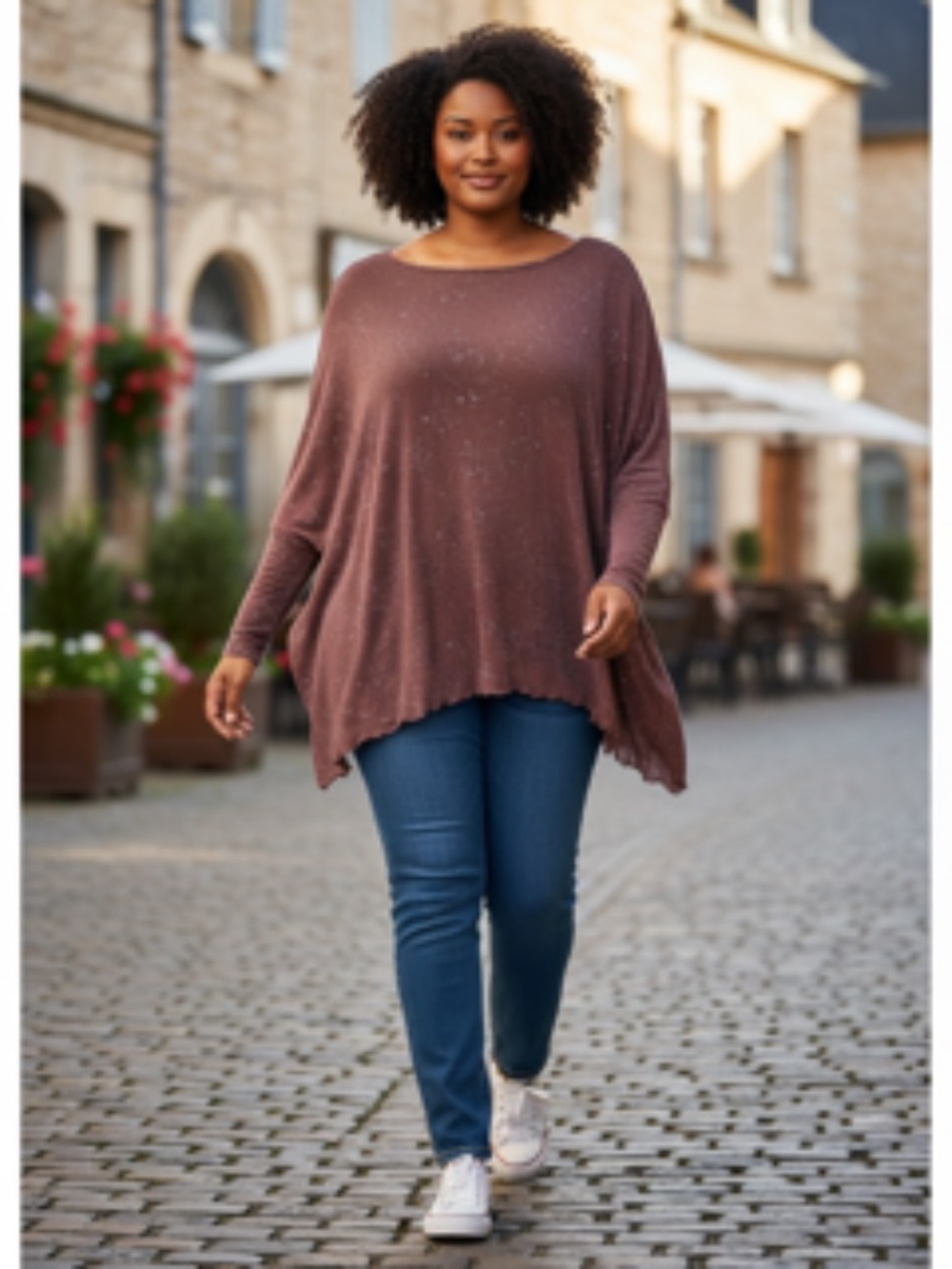 Dolman Sleeve Asymmetrical Hem Mauve Tunic with Metallic Embellishment Size 3X